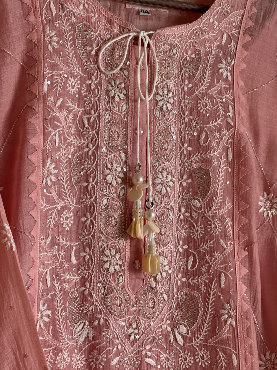 Pink Malmal Pearl White Chikankari Ready to Wear Kurta Set