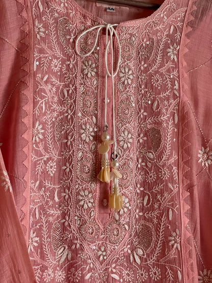 Pink Malmal Pearl White Chikankari Ready to Wear Kurta Set