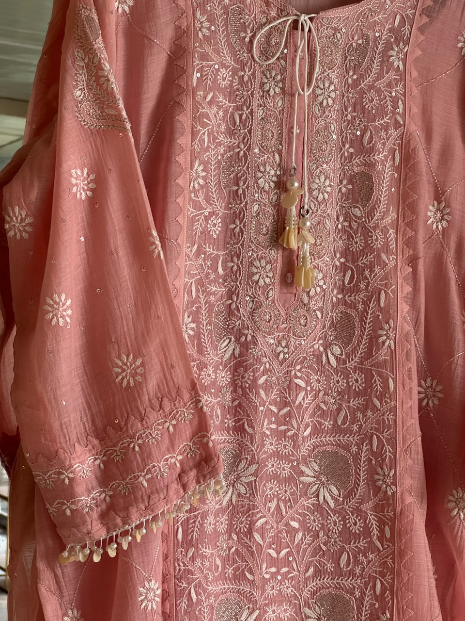 Pink Malmal Pearl White Chikankari Ready to Wear Kurta Set