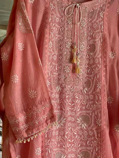 Pink Malmal Pearl White Chikankari Ready to Wear Kurta Set