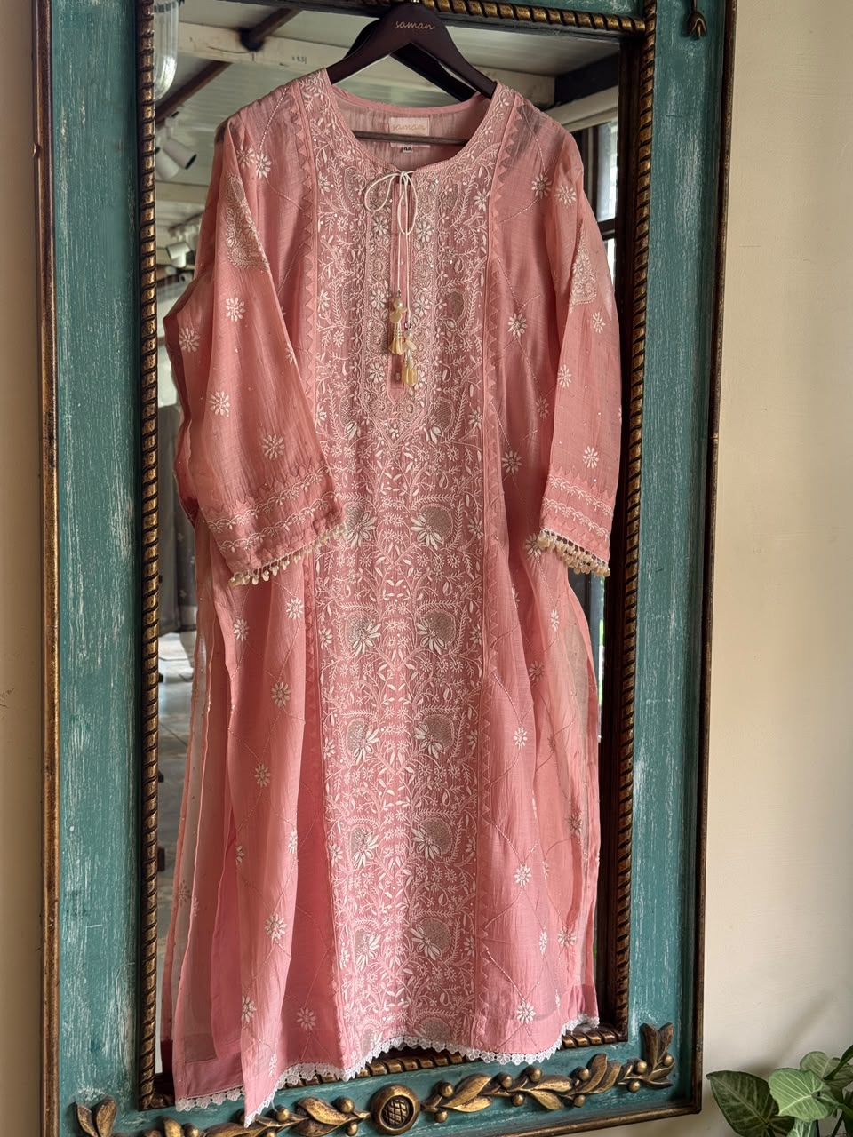 Pink Malmal Pearl White Chikankari Ready to Wear Kurta Set