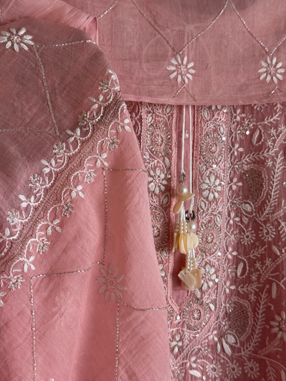 Pink Malmal Pearl White Chikankari Ready to Wear Kurta Set