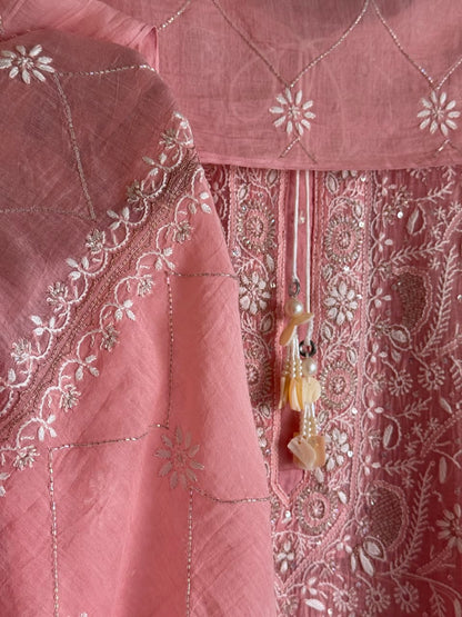 Pink Malmal Pearl White Chikankari Ready to Wear Kurta Set