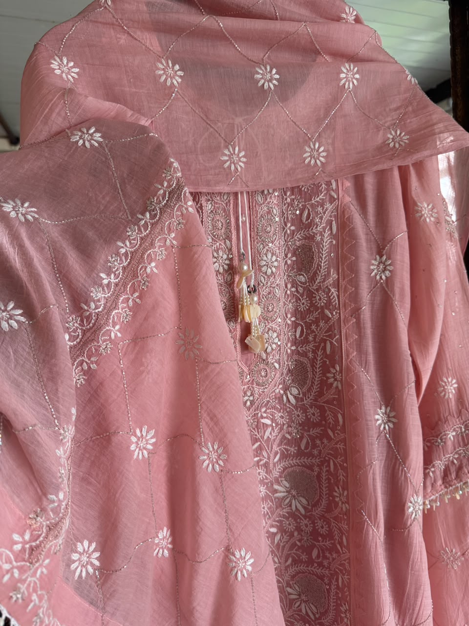 Pink Malmal Pearl White Chikankari Ready to Wear Kurta Set