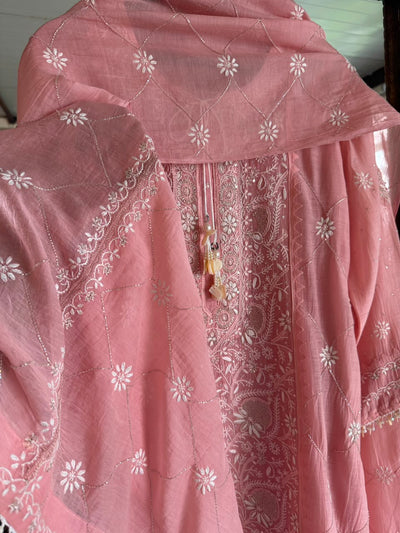 Pink Malmal Pearl White Chikankari Ready to Wear Kurta Set