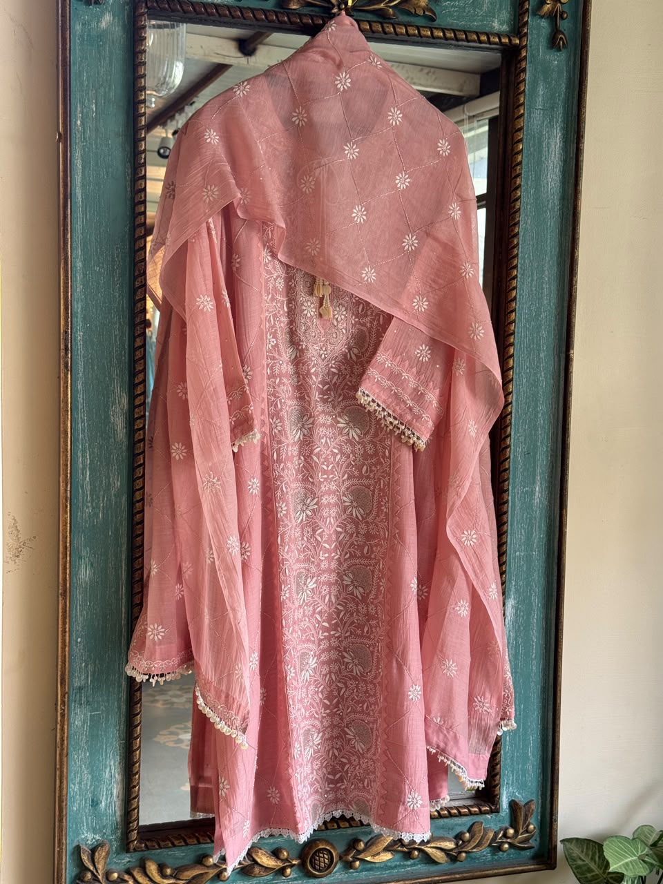 Pink Malmal Pearl White Chikankari Ready to Wear Kurta Set