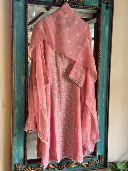 Pink Malmal Pearl White Chikankari Ready to Wear Kurta Set