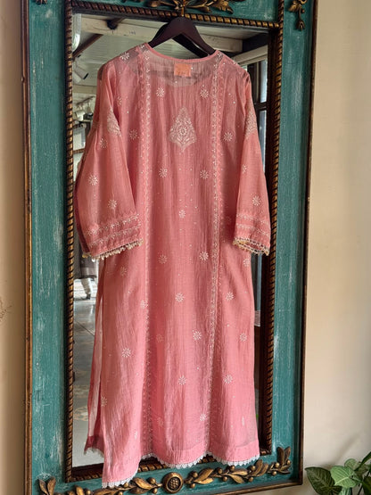Pink Malmal Pearl White Chikankari Ready to Wear Kurta Set
