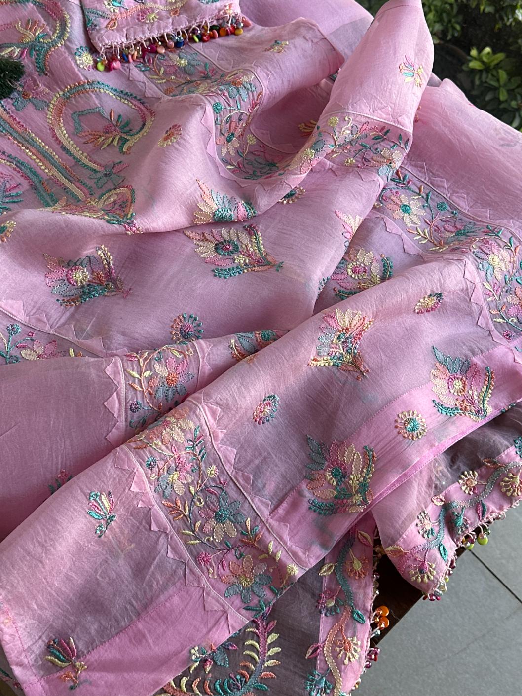 Pink Multi Coloured Noor Organza Resham Chikankari Kurta Set