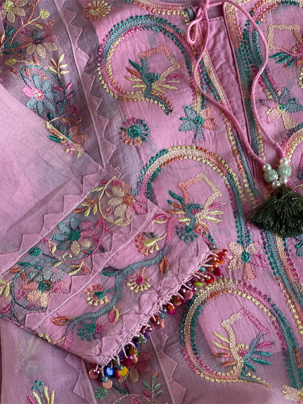 Pink Multi Coloured Noor Organza Resham Chikankari Kurta Set