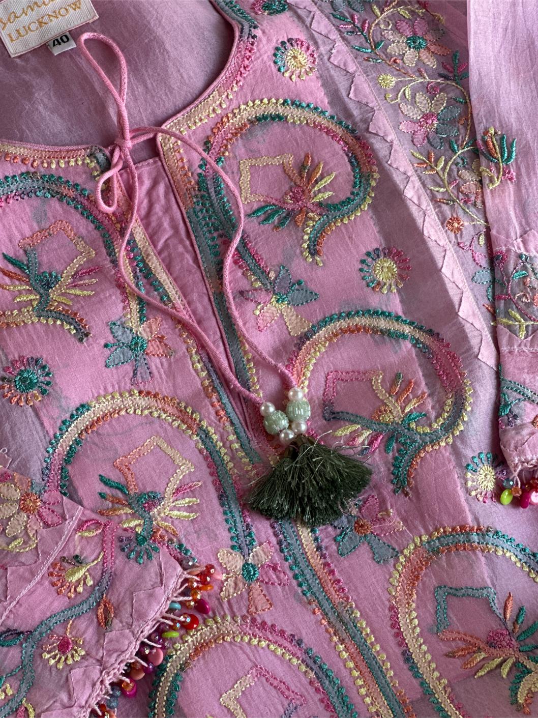 Pink Multi Coloured Noor Organza Resham Chikankari Kurta Set