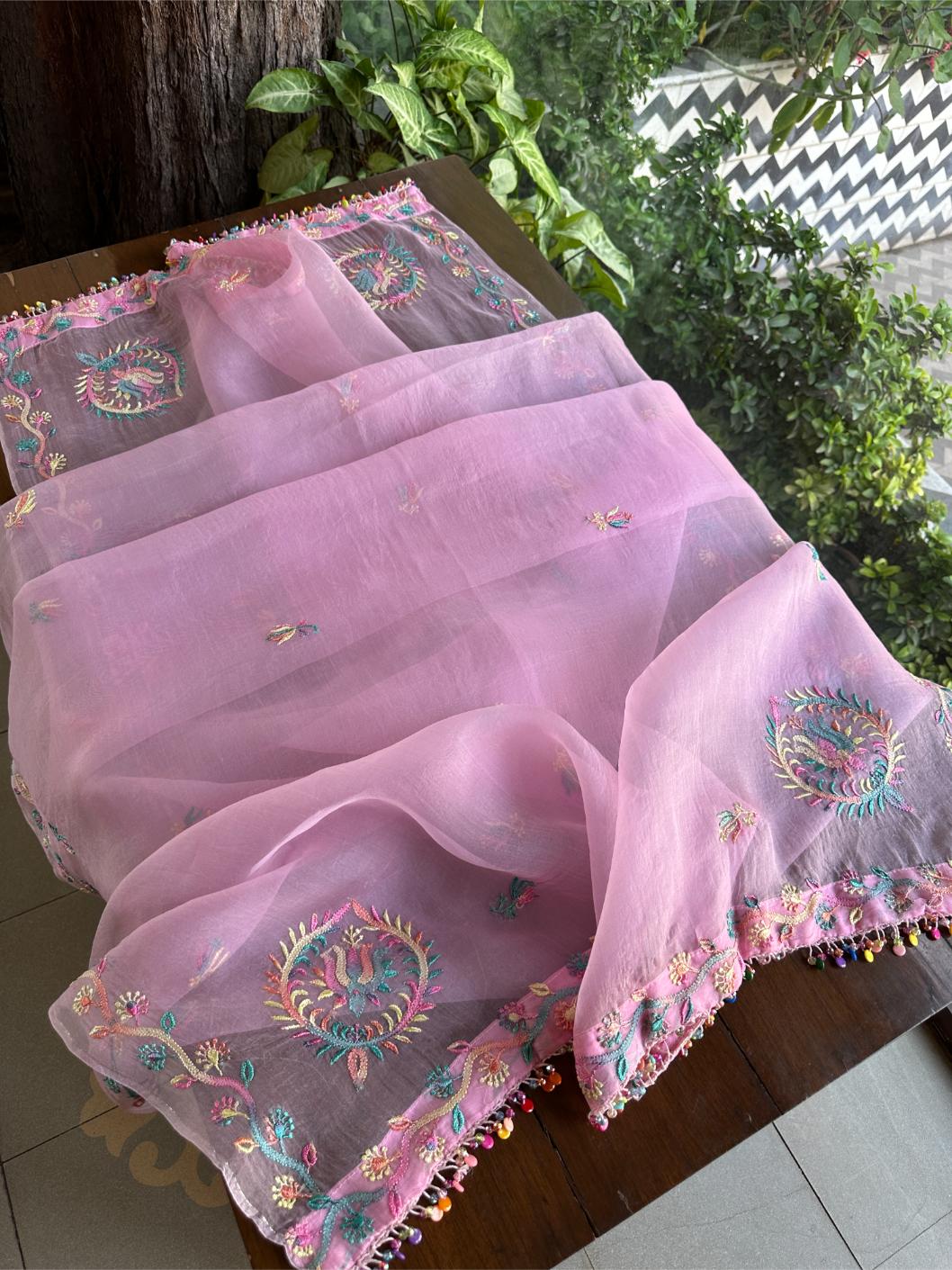 Pink Multi Coloured Noor Organza Resham Chikankari Kurta Set