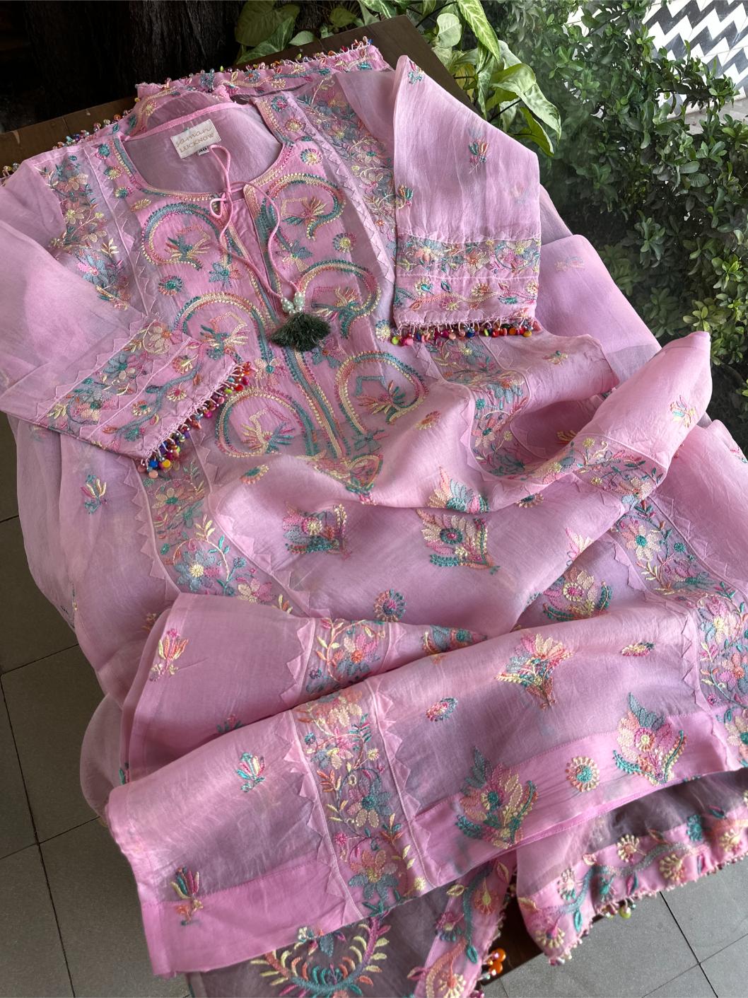 Pink Multi Coloured Noor Organza Resham Chikankari Kurta Set