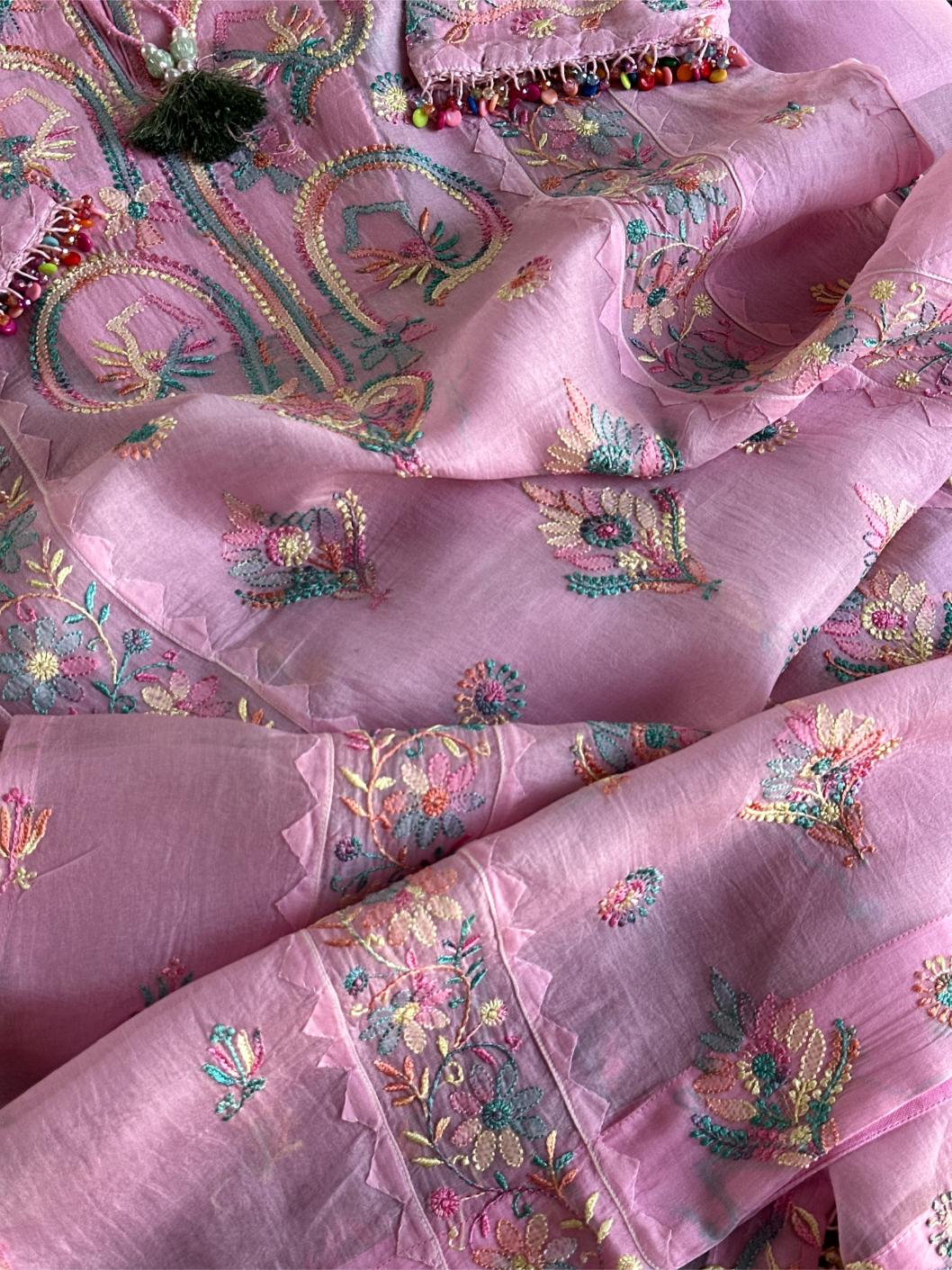 Pink Multi Coloured Noor Organza Resham Chikankari Kurta Set