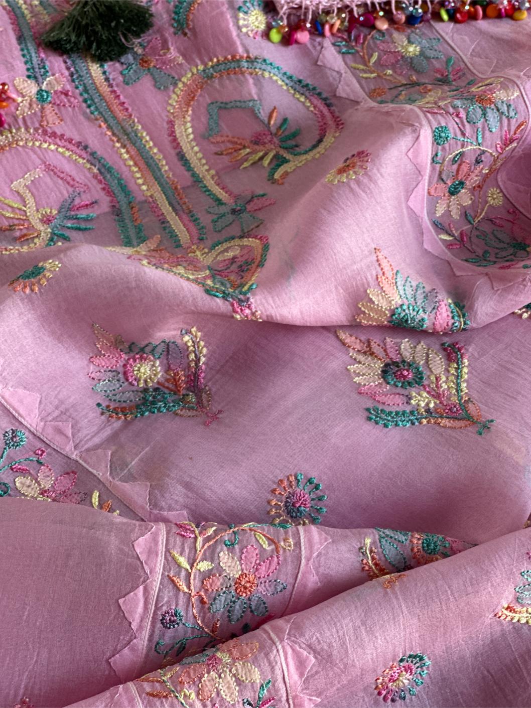 Pink Multi Coloured Noor Organza Resham Chikankari Kurta Set