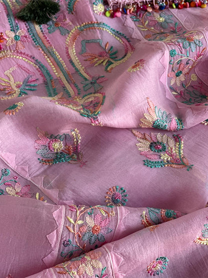 Pink Multi Coloured Noor Organza Resham Chikankari Kurta Set