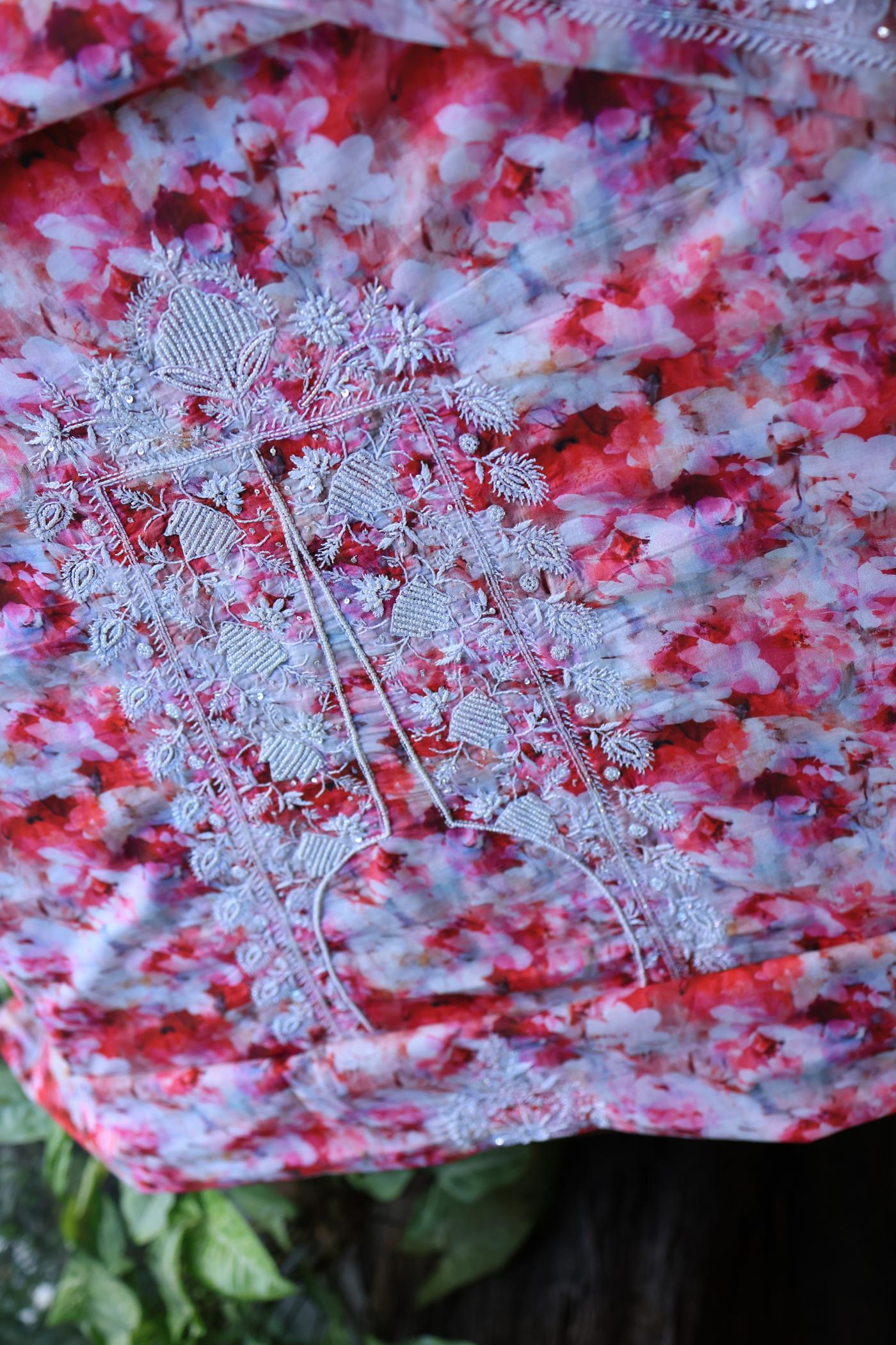 Pink Multi Floral Cotton Kurta Fabric with Chikankari Embroidered Neckline