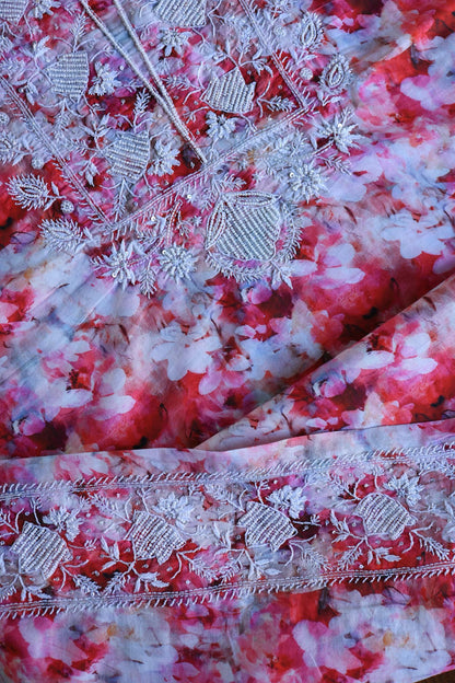 Pink Multi Floral Cotton Kurta Fabric with Chikankari Embroidered Neckline