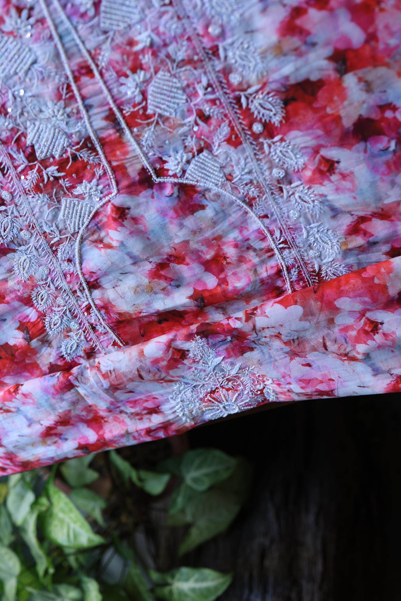 Pink Multi Floral Cotton Kurta Fabric with Chikankari Embroidered Neckline