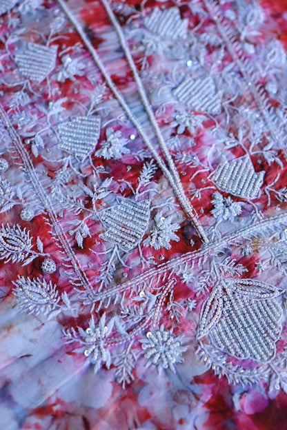 Pink Multi Floral Cotton Kurta Fabric with Chikankari Embroidered Neckline