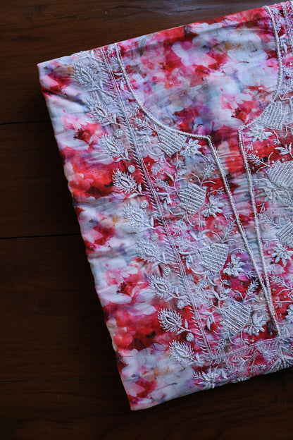 Pink Multi Floral Cotton Kurta Fabric with Chikankari Embroidered Neckline