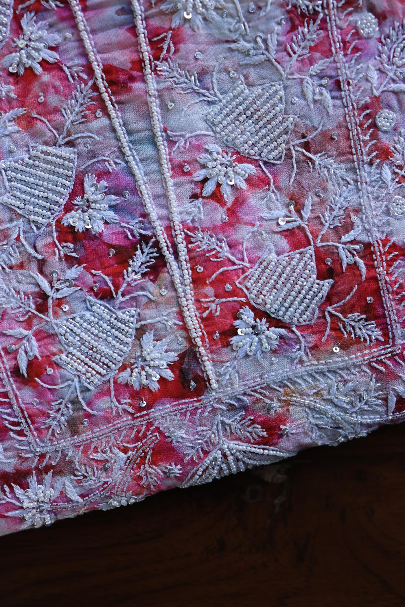 Pink Multi Floral Cotton Kurta Fabric with Chikankari Embroidered Neckline