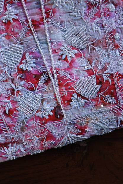 Pink Multi Floral Cotton Kurta Fabric with Chikankari Embroidered Neckline
