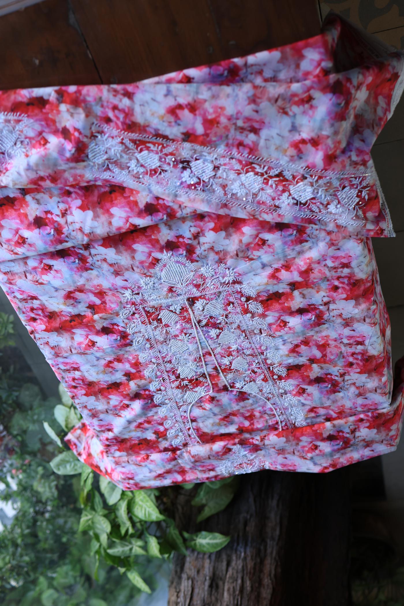 Pink Multi Floral Cotton Kurta Fabric with Chikankari Embroidered Neckline