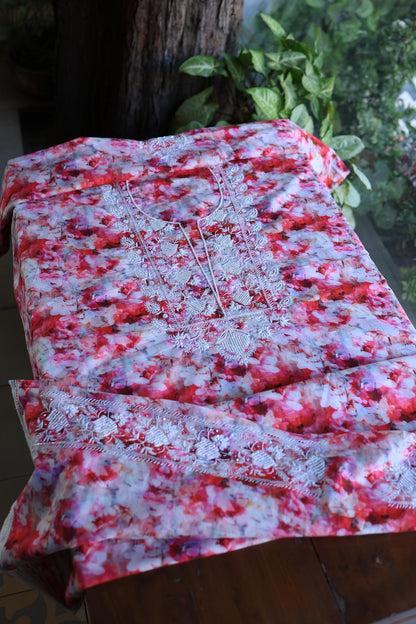 Pink Multi Floral Cotton Kurta Fabric with Chikankari Embroidered Neckline
