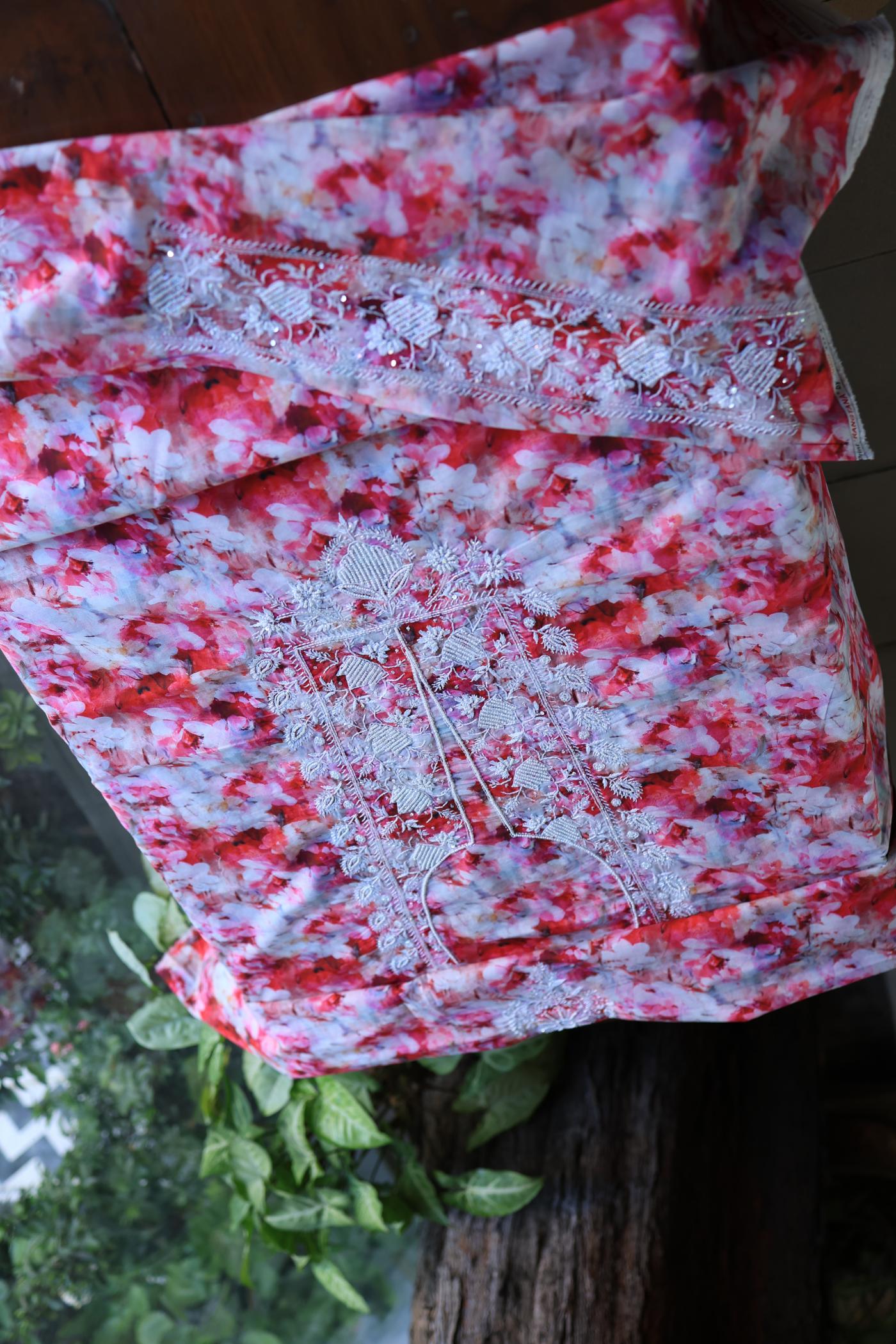 Pink Multi Floral Cotton Kurta Fabric with Chikankari Embroidered Neckline