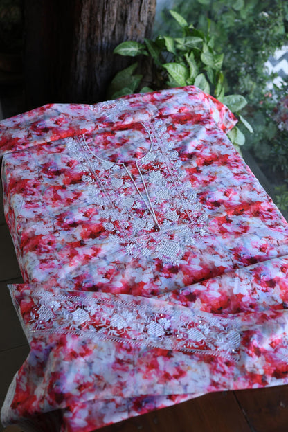 Pink Multi Floral Cotton Kurta Fabric with Chikankari Embroidered Neckline