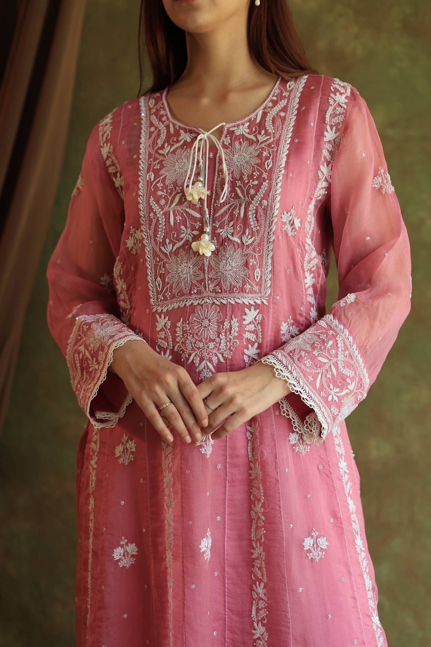 Pink Noor Organza Chikankari Anarkali Kurta With Dupatta