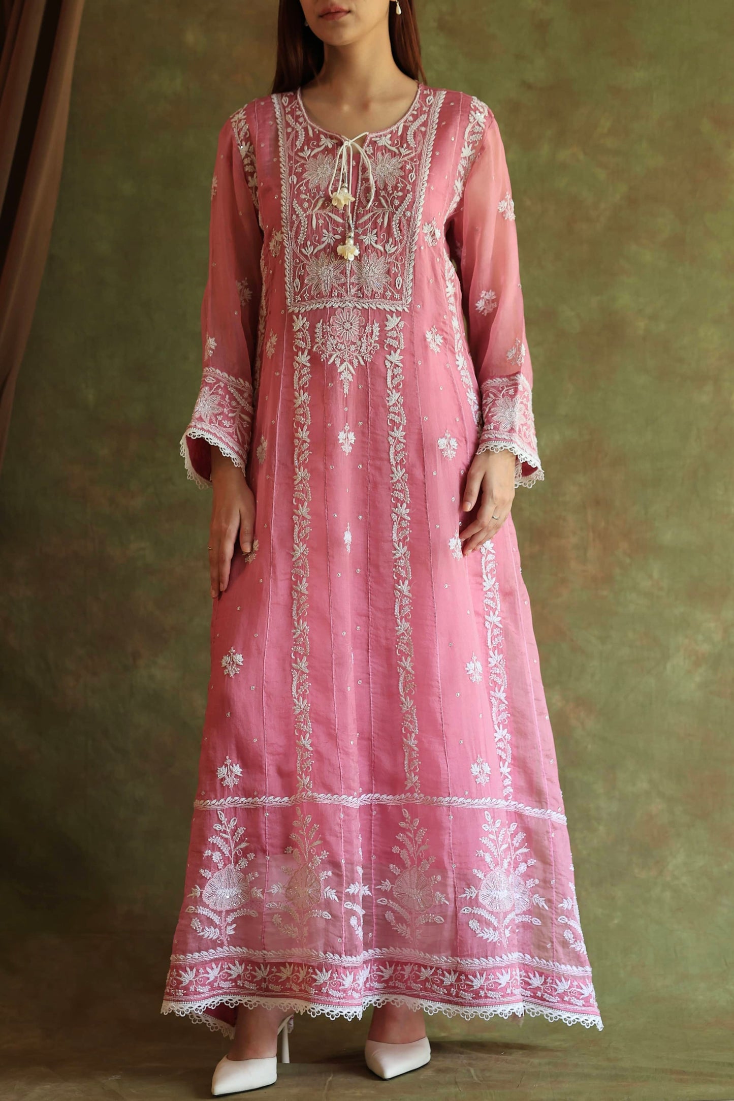 Pink Noor Organza Chikankari Anarkali Kurta With Dupatta