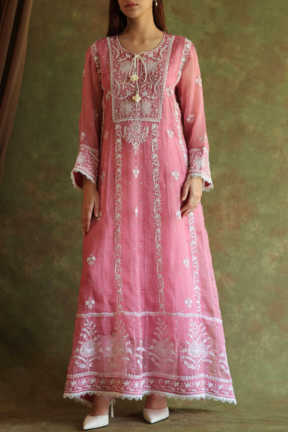 Pink Noor Organza Chikankari Anarkali Kurta With Dupatta