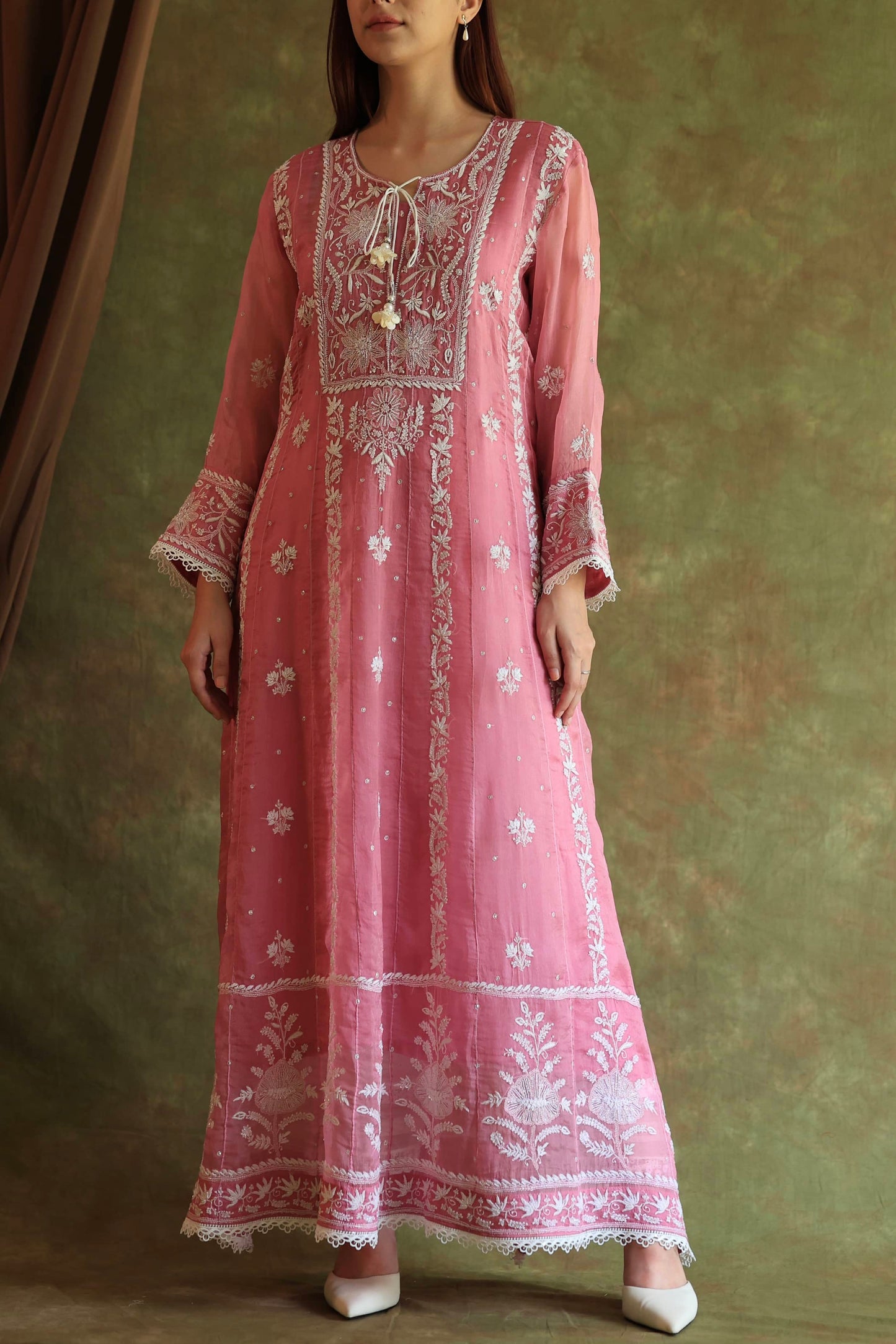 Pink Noor Organza Chikankari Anarkali Kurta With Dupatta