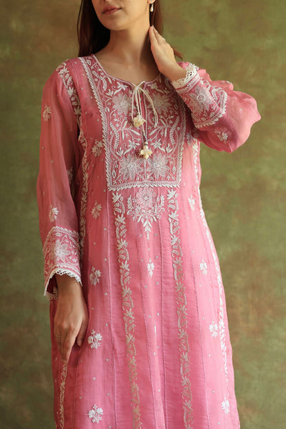 Pink Noor Organza Chikankari Anarkali Kurta With Dupatta