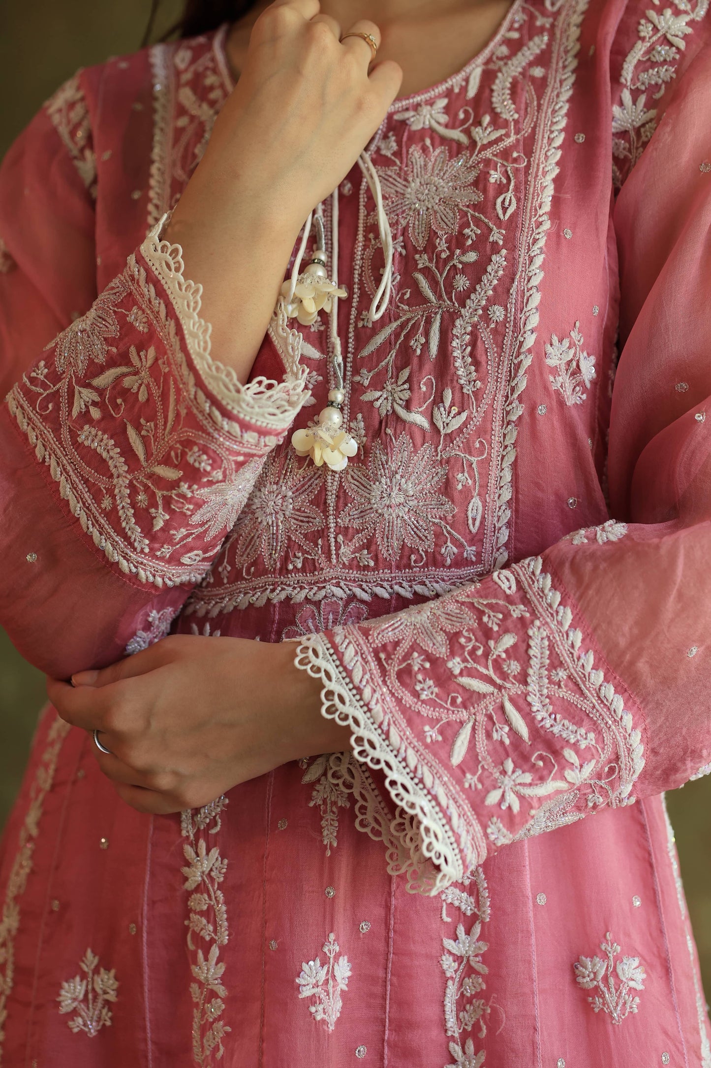 Pink Noor Organza Chikankari Anarkali Kurta With Dupatta