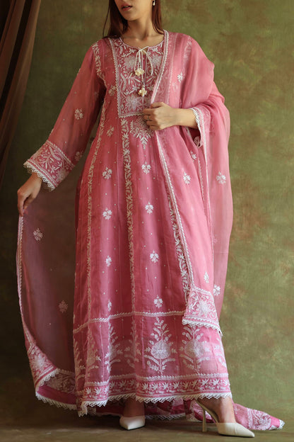 Pink Noor Organza Chikankari Anarkali Kurta With Dupatta
