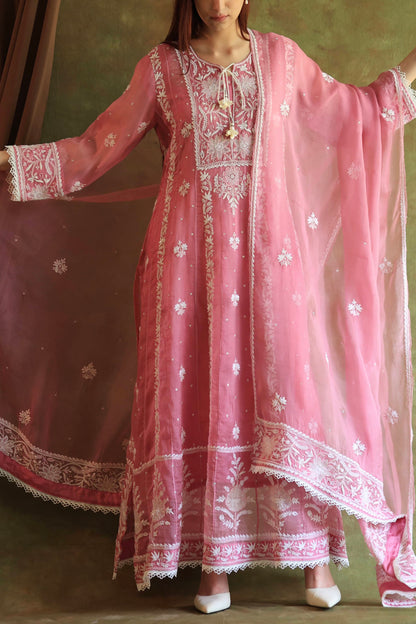 Pink Noor Organza Chikankari Anarkali Kurta With Dupatta