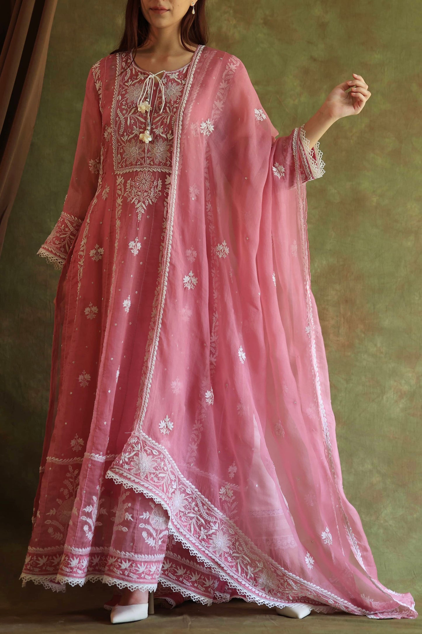 Pink Noor Organza Chikankari Anarkali Kurta With Dupatta
