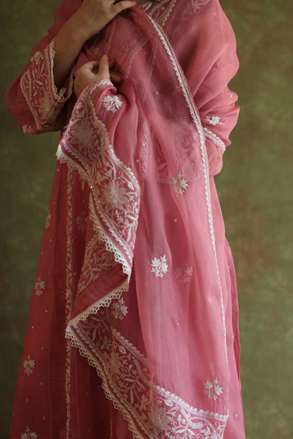 Pink Noor Organza Chikankari Anarkali Kurta With Dupatta