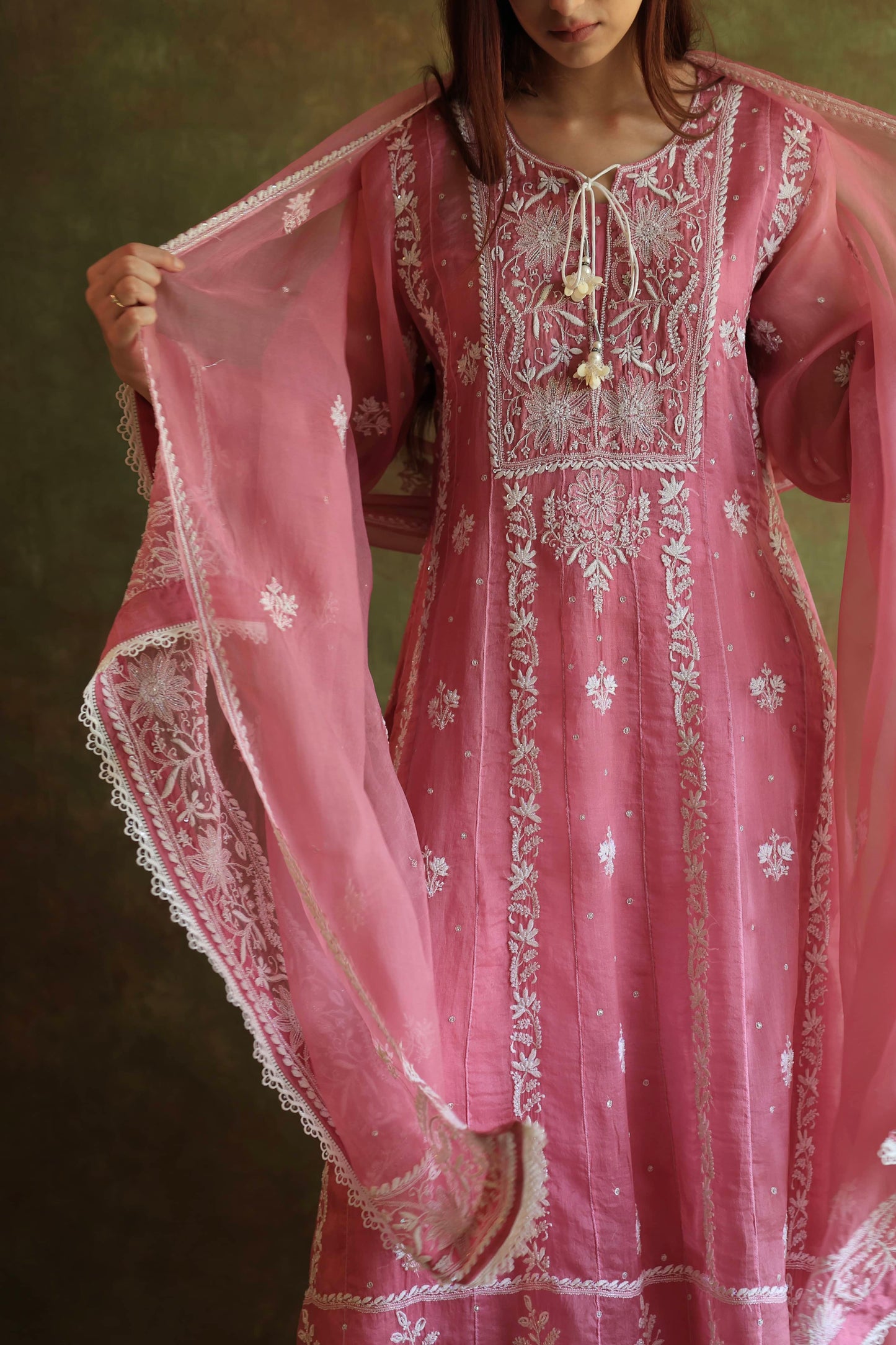 Pink Noor Organza Chikankari Anarkali Kurta With Dupatta