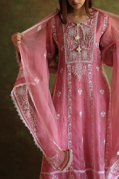 Pink Noor Organza Chikankari Anarkali Kurta With Dupatta
