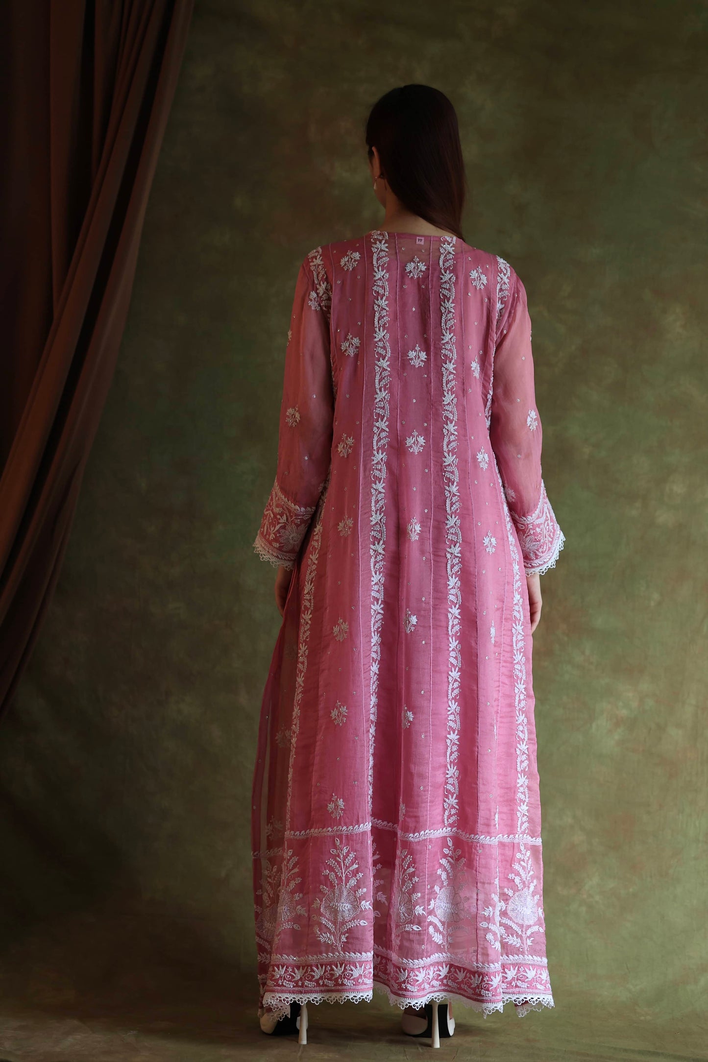 Pink Noor Organza Chikankari Anarkali Kurta With Dupatta