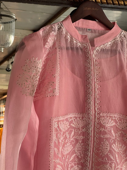 Pink Noor Organza Chikankari Collar Ready To Wear Short Top