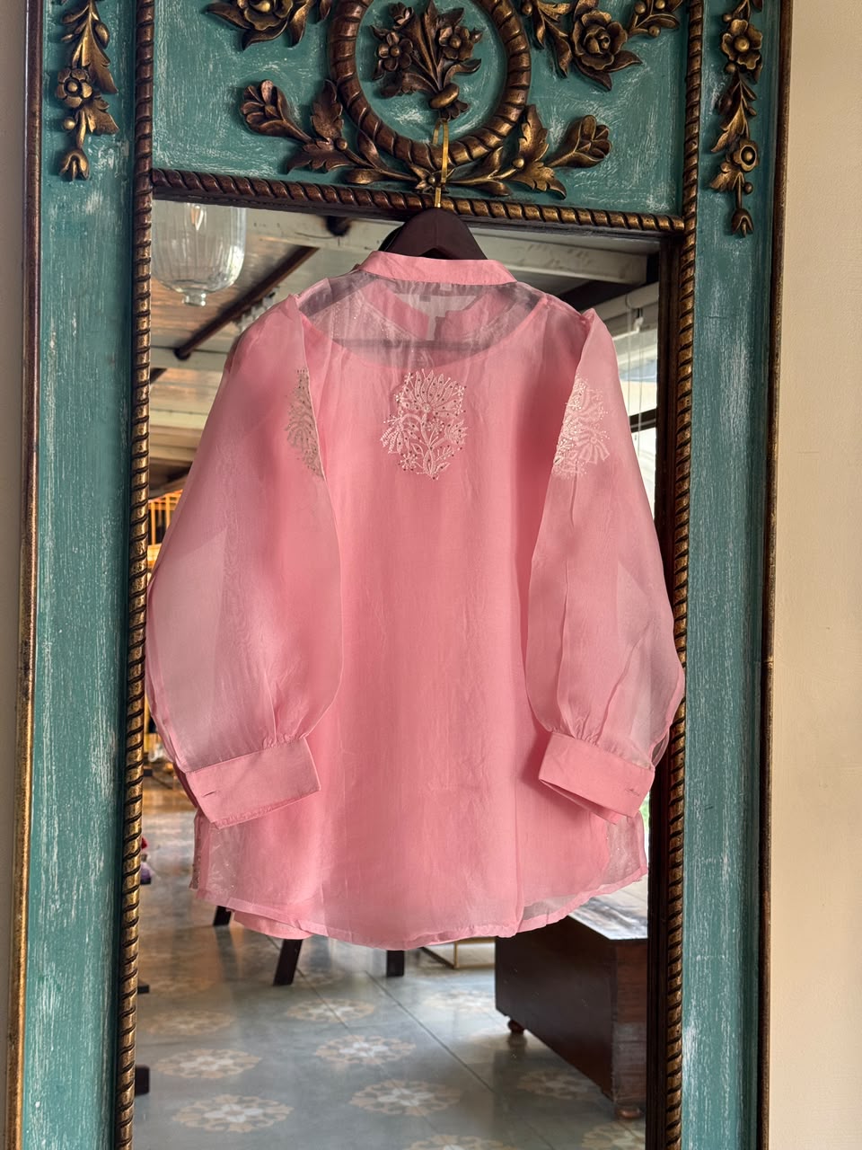 Pink Noor Organza Chikankari Collar Ready To Wear Short Top