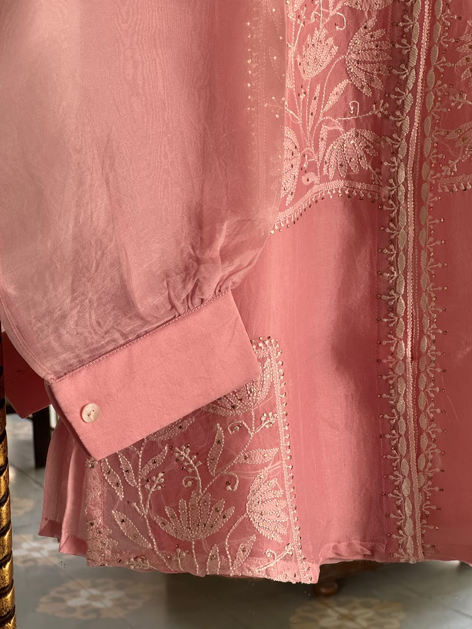 Pink Noor Organza Chikankari Collar Ready To Wear Short Top