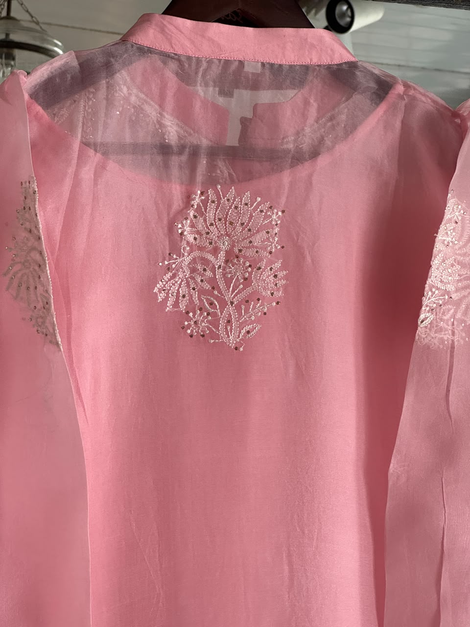 Pink Noor Organza Chikankari Collar Ready To Wear Short Top