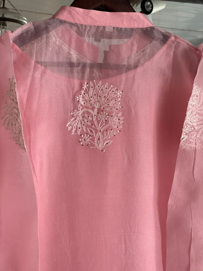 Pink Noor Organza Chikankari Collar Ready To Wear Short Top