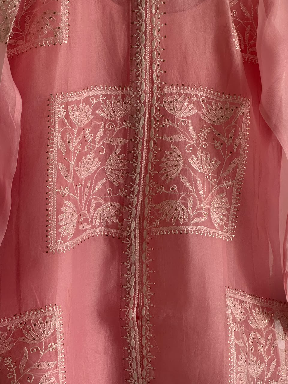 Pink Noor Organza Chikankari Collar Ready To Wear Short Top